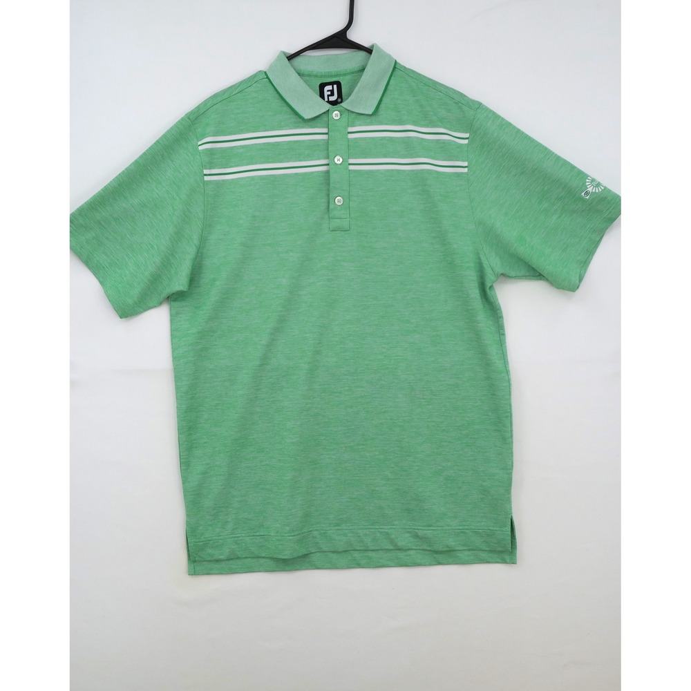 FootJoy Mens Green Heathered Striped Golf Polo Shirt Robson‎ Ranch Logo Size M